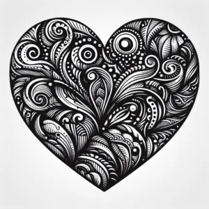 A detailed black heart with patterns, swirls, or other decorative elements