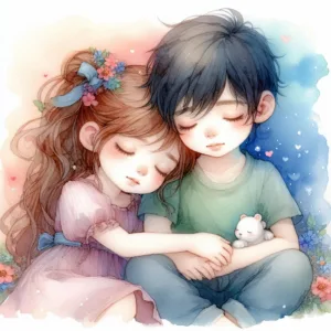 water painted image of a boy and girl of almost the same age, in love, with the boy sleeping in the girl's lap
