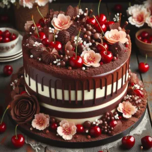 A black forest cake for marriage with small flowers and cherries multi tier cake design
