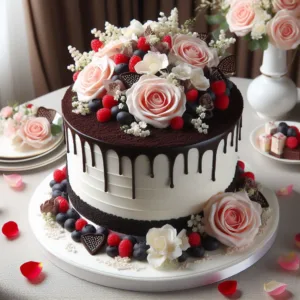 A black forest cake for marriage with white cake black cream rosy roses and small berries