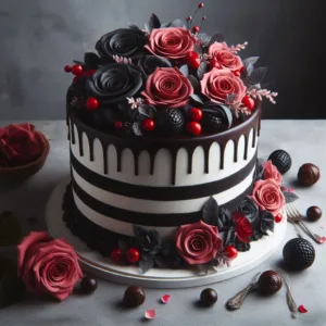 A black forest cake for marriage with red and black roses and some black balls