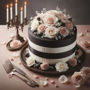 A black forest cake for marriage with 4 tier cake and white roses