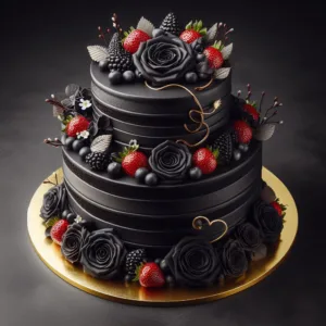 A black forest cake for marriage with no toppings and roses with little strawberries