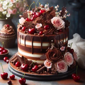 A black forest cake for marriage with small flowers and cherries multi tier cake design