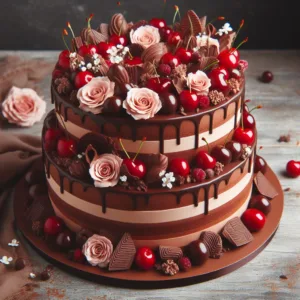 A black forest cake for marriage with small flowers and cherries