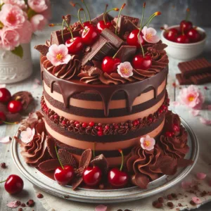 A black forest cake for marriage with small flowers and cherries