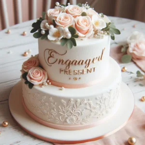 a two-tiered engagement cake with no designs, only the text 'ENGAGED' present 4