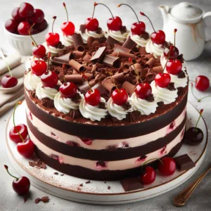 a black forest cake made up of chocolate craving and plums and little big cake