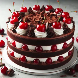 a black forest cake made up of chocolate craving and plums
