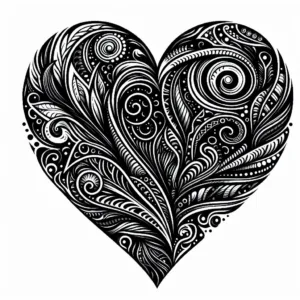 A detailed black heart with patterns, swirls, or other decorative elements